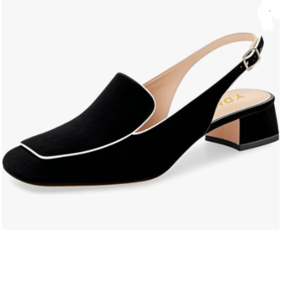 YDN Black Suede Square Toe Block Low Heels Slingback Formal Loafer Dressy Pump - Picture 1 of 8